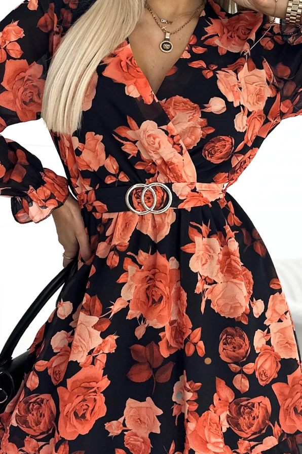 413-1 ROSETTA Feminines Kleid mit Umschlagausschnitt und Gürtel - orangefarbene Rosen