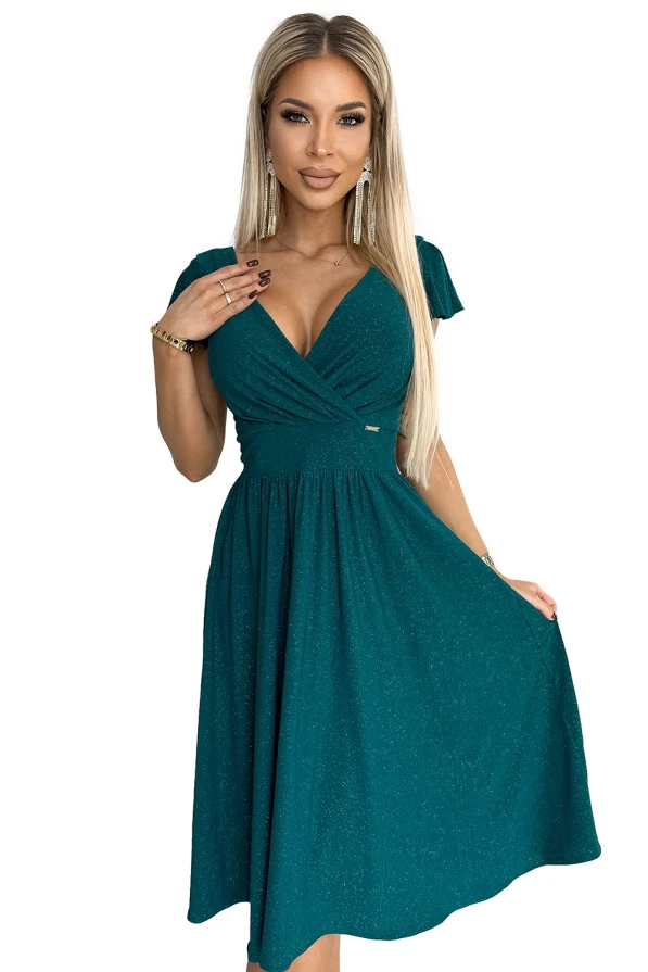 425-6 MATILDE Kleid mit Ausschnitt und kurzen Ärmeln - grün mit Glitzer