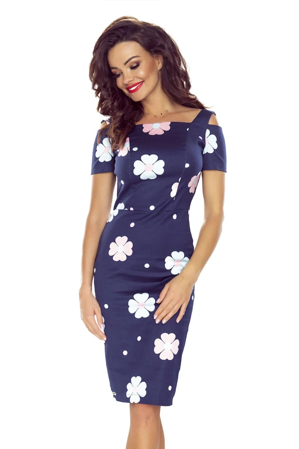 440-3 Elegantes Kleid mit kurzen Ärmeln - dunkelblau mit Blumen