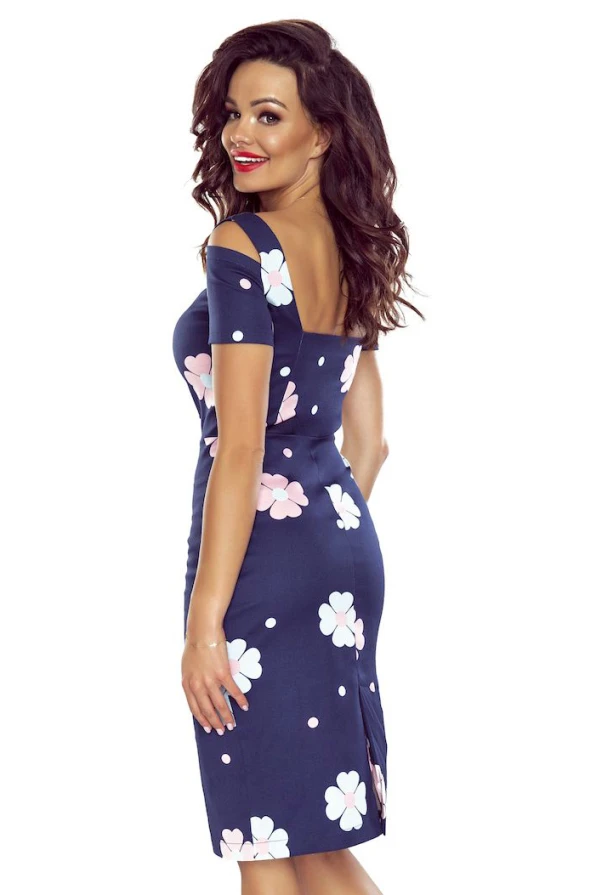 440-3 Elegantes Kleid mit kurzen Ärmeln - dunkelblau mit Blumen