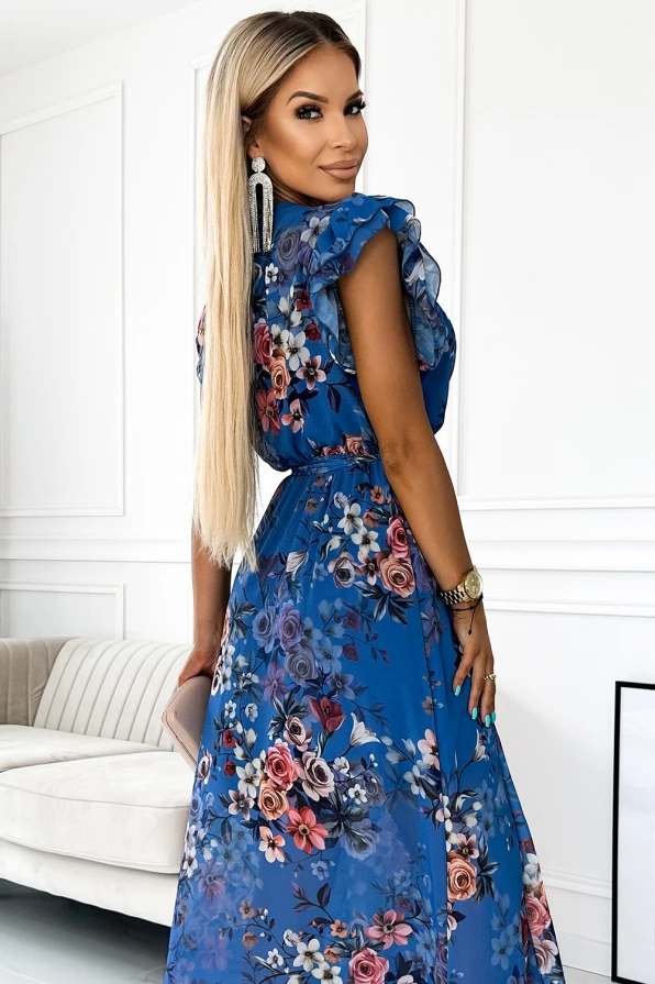 473-1 ARIA Langes Kleid mit Ausschnitt und kurzen Ärmeln - blau mit Blumen