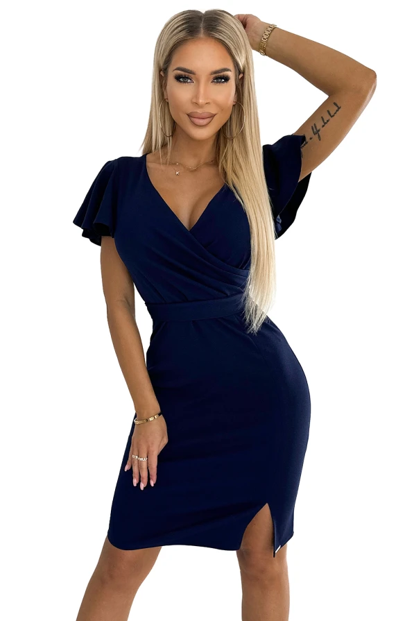 479-2 NINA Kleid mit Umschlagausschnitt, Ärmeln und Gürtel - dunkel blau
