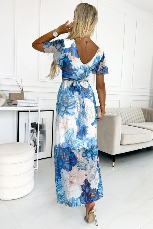 489-2 CINZIA Kleid mit Ausschnitt, langem Taillenband und kurzen Ärmeln – blaue große Blüten – Netzstoff