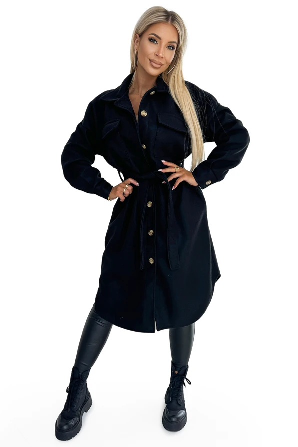 493-2 Warmer Mantel mit Taschen, Knöpfen und Bindeband in der Taille – Schwarz