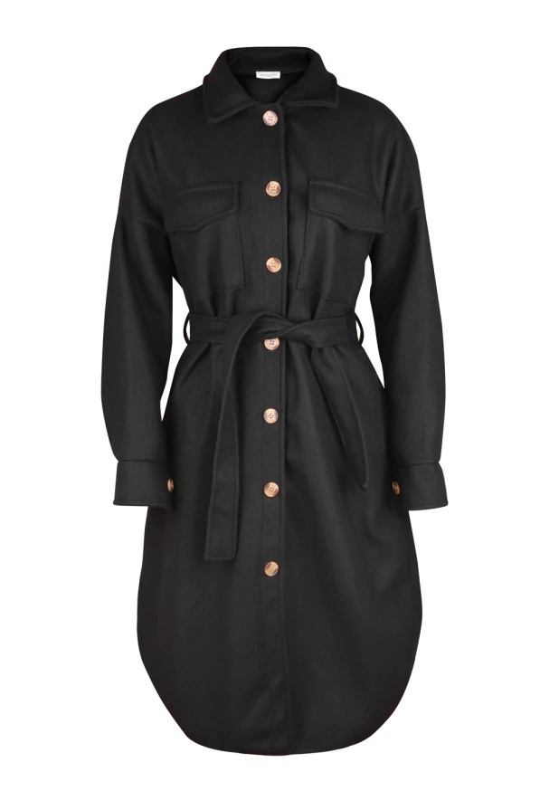 493-2 Warmer Mantel mit Taschen, Knöpfen und Bindeband in der Taille – Schwarz