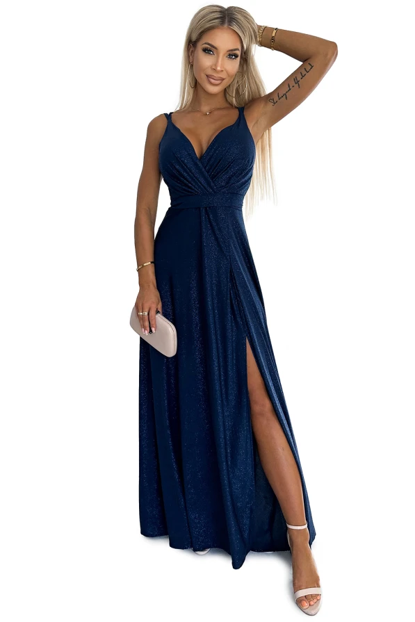 498-1 Langes Kleid mit Ausschnitt und doppelten Trägern - Marineblau mit Glitzer