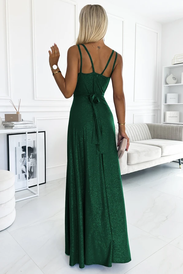 498-2 Langes Kleid mit Ausschnitt und doppelten Trägern - grün mit Glitzer