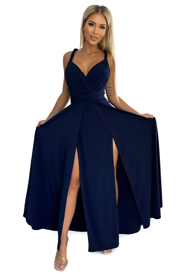 509-1 Elegantes, vielseitig gebundenes langes Kleid - Marineblau