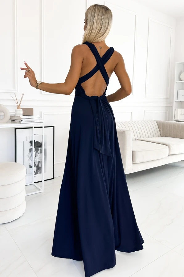 509-1 Elegantes, vielseitig gebundenes langes Kleid - Marineblau