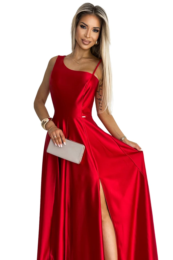 524-1 Langes, elegantes One-Shoulder-Kleid aus Satin - rot