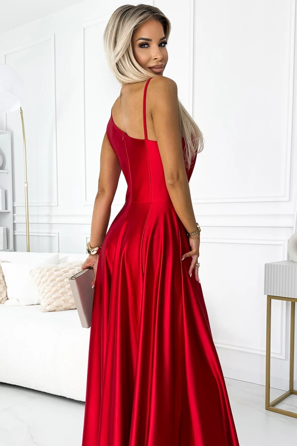 524-1 Langes, elegantes One-Shoulder-Kleid aus Satin - rot
